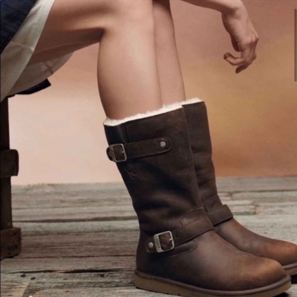 UGG Sutter Toast Leather Fur Boots Womens Sz 6